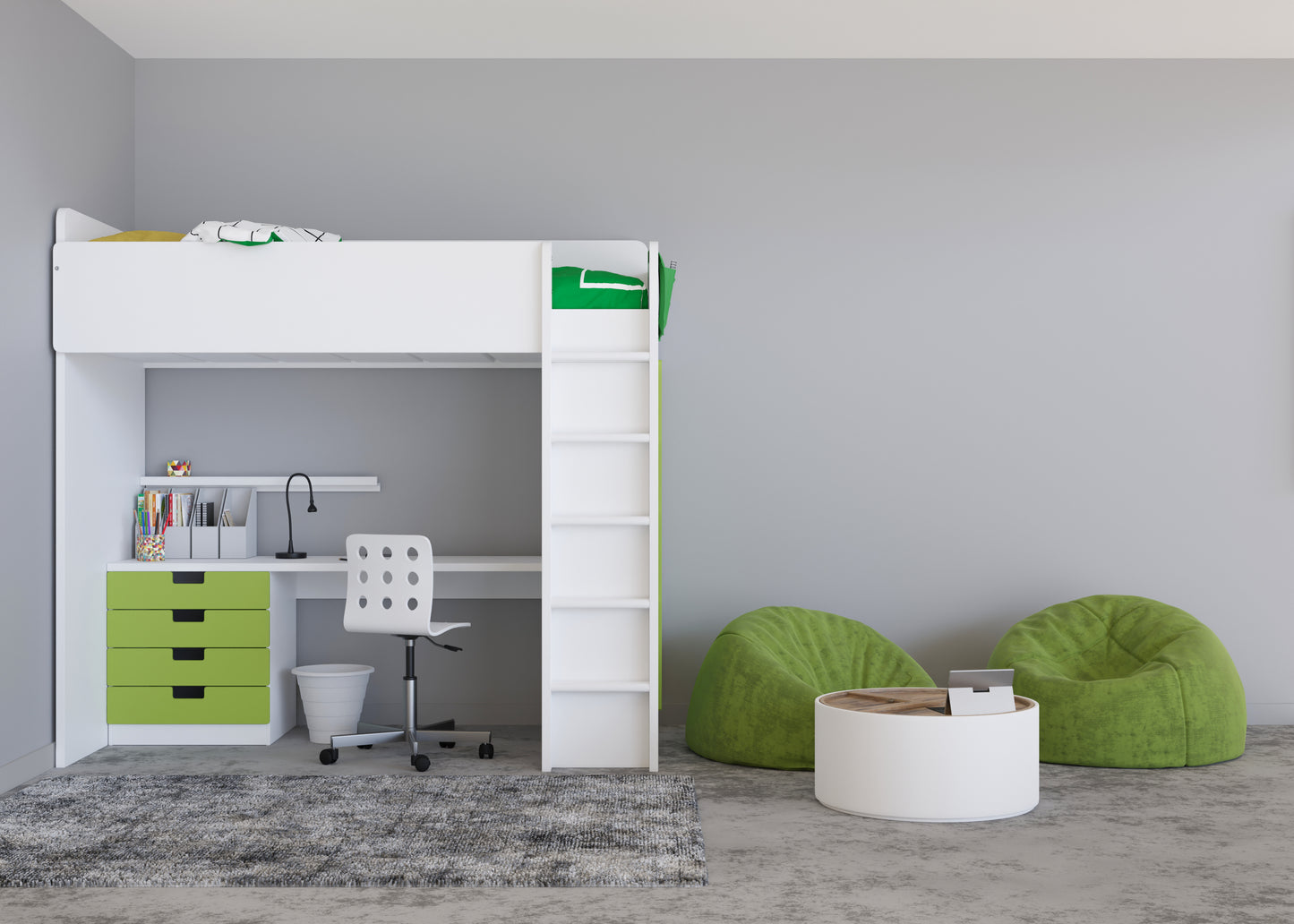 White and Green Kid's Desk Bunk Bed